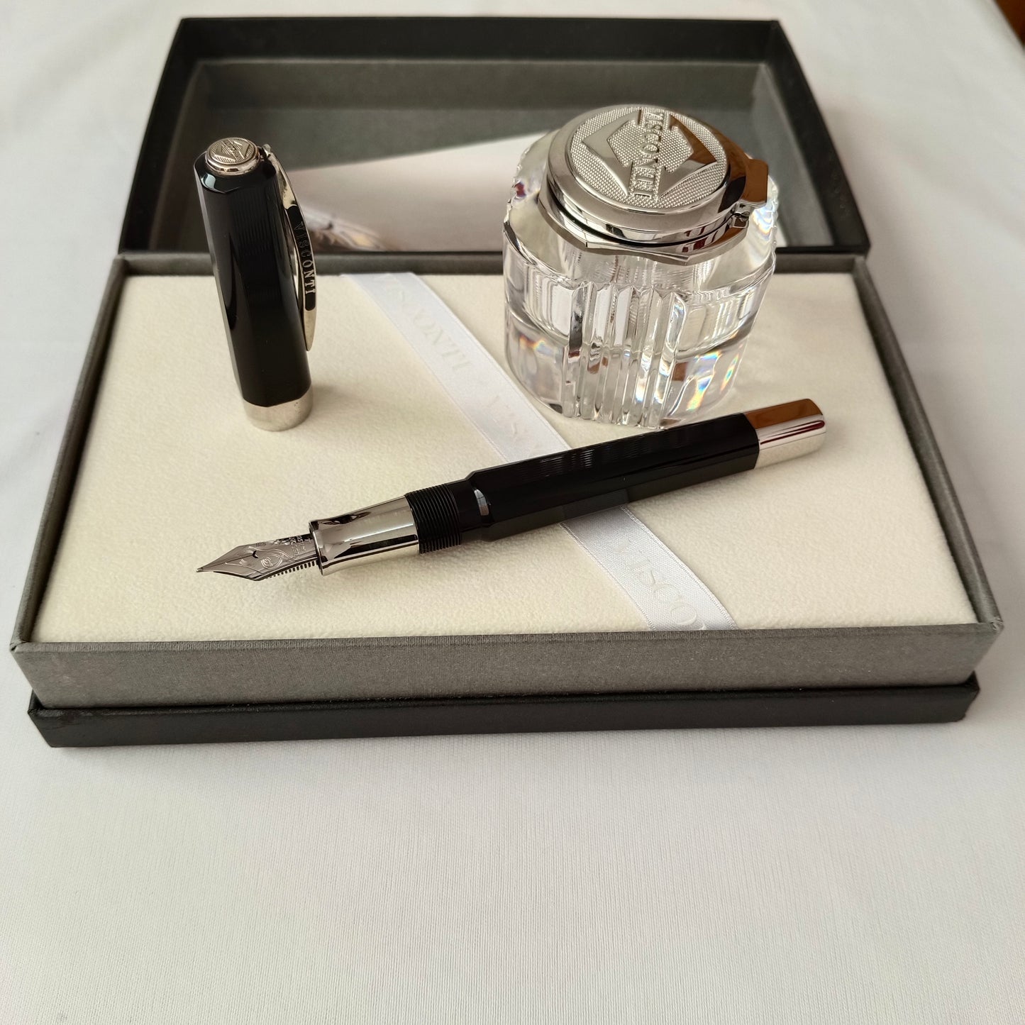 Visconti Black Guilloche Opera Master Fountain Pen with Crystal inkwell