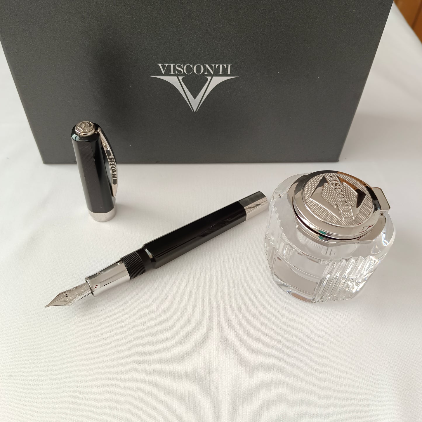 Visconti Black Guilloche Opera Master Fountain Pen with Crystal inkwell