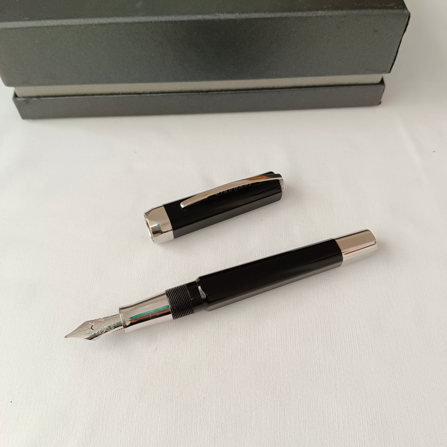 Visconti Black Guilloche Opera Master Fountain Pen with Crystal inkwell