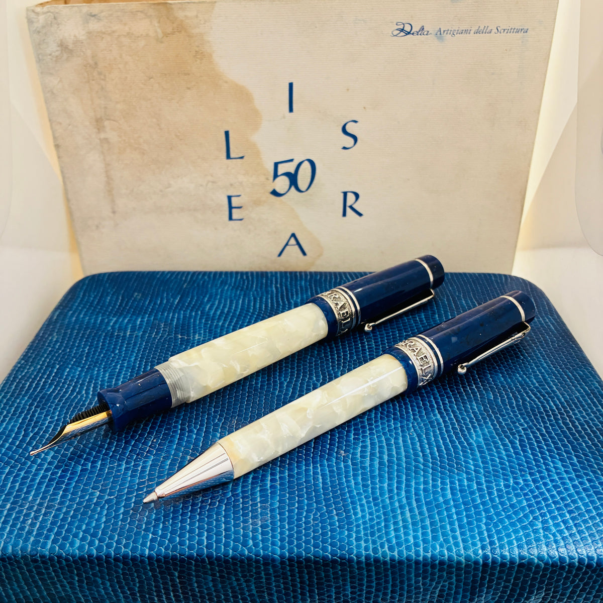 Delta Israel 50 LE Fountain Pen Set - White & Blue Resin, Sterling Trim