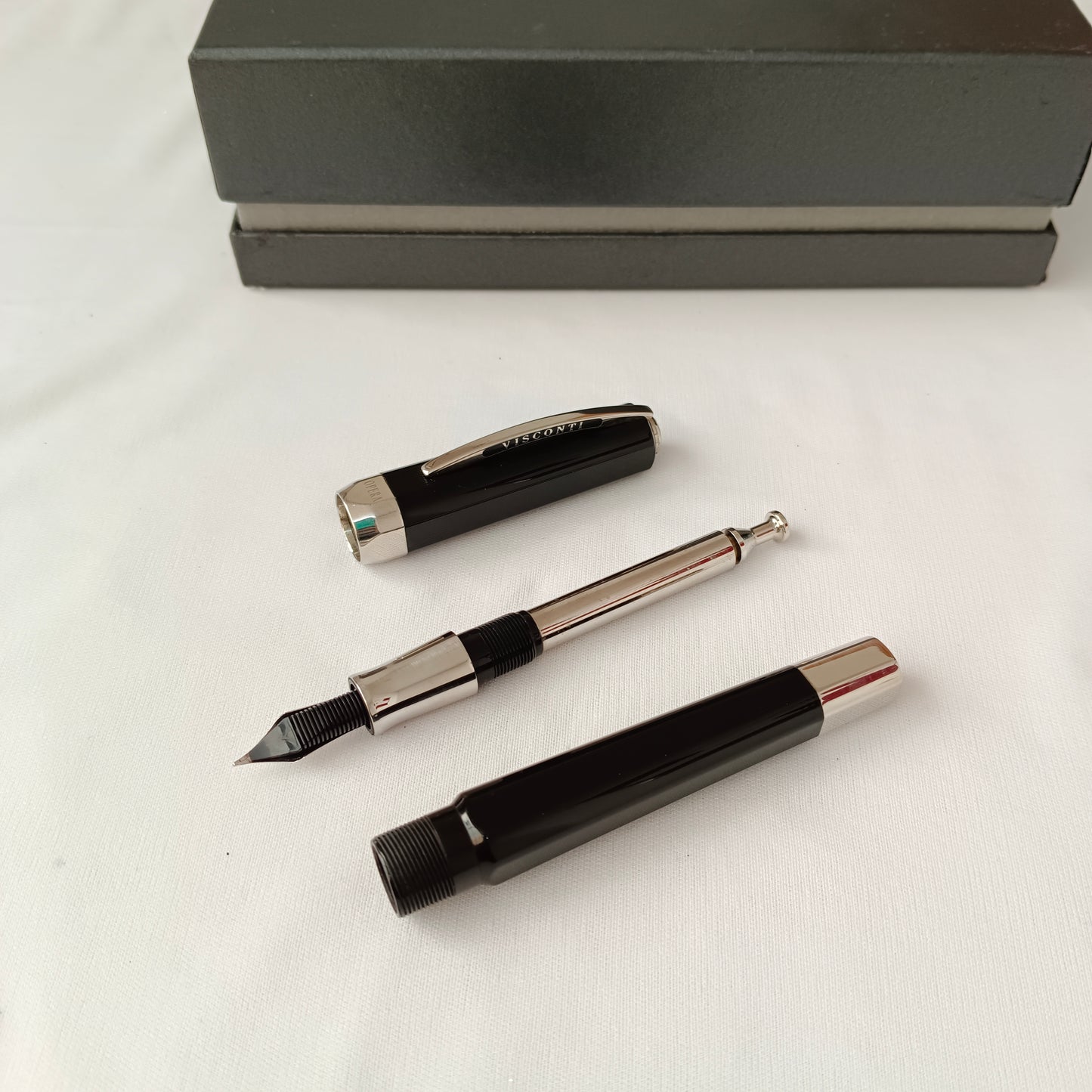 Visconti Black Guilloche Opera Master Fountain Pen with Crystal inkwell