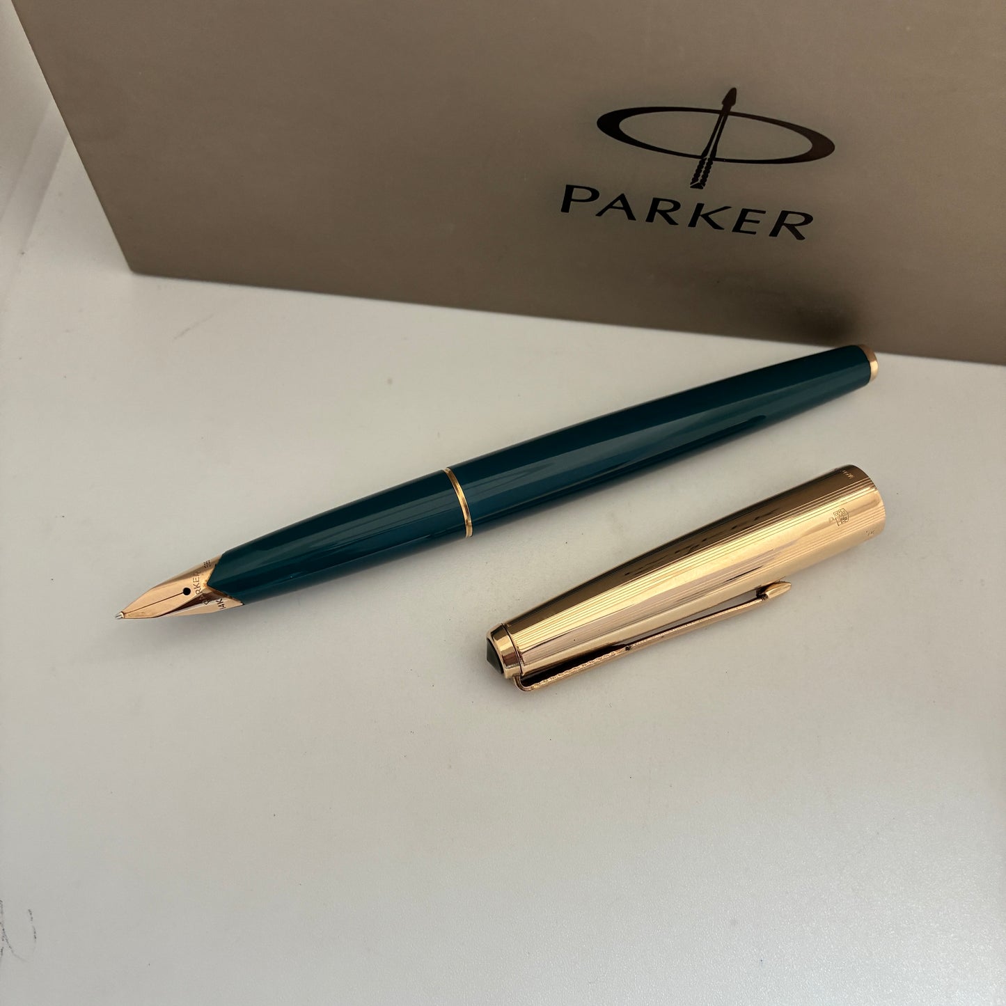Parker 65 Custum Teal Blue Fountain Pen with Gold Filled Cap