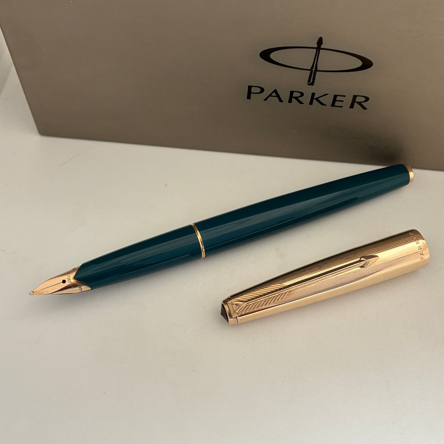 Parker 65 Custum Teal Blue Fountain Pen with Gold Filled Cap