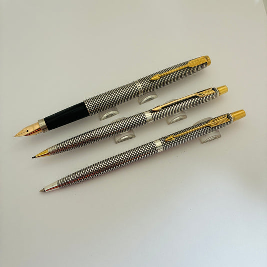 Parker 75 Cisele Fountain Pen, Ball Pen & Pencil with Sterling Silver Made in USA