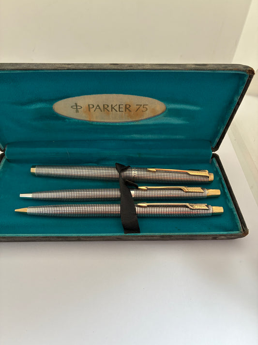 Parker 75 Cisele Fountain Pen, Ball Pen & Pencil with Sterling Silver Made in USA