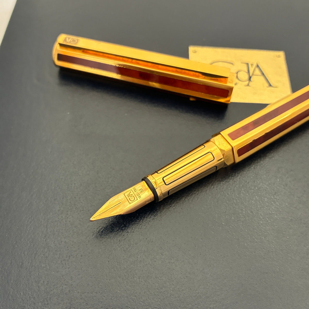 Caran d'Ache Hexagonal Ecaille Chinese Lacquer Fountain Pen- Gold Plated with Red Stripe