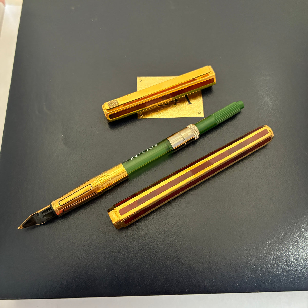 Caran d'Ache Hexagonal Ecaille Chinese Lacquer Fountain Pen- Gold Plated with Red Stripe