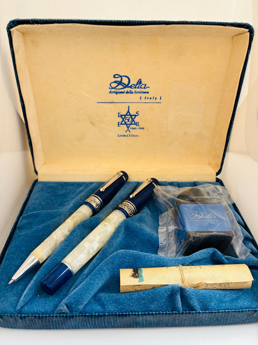 Delta Israel 50 LE Fountain Pen Set - White & Blue Resin, Sterling Trim