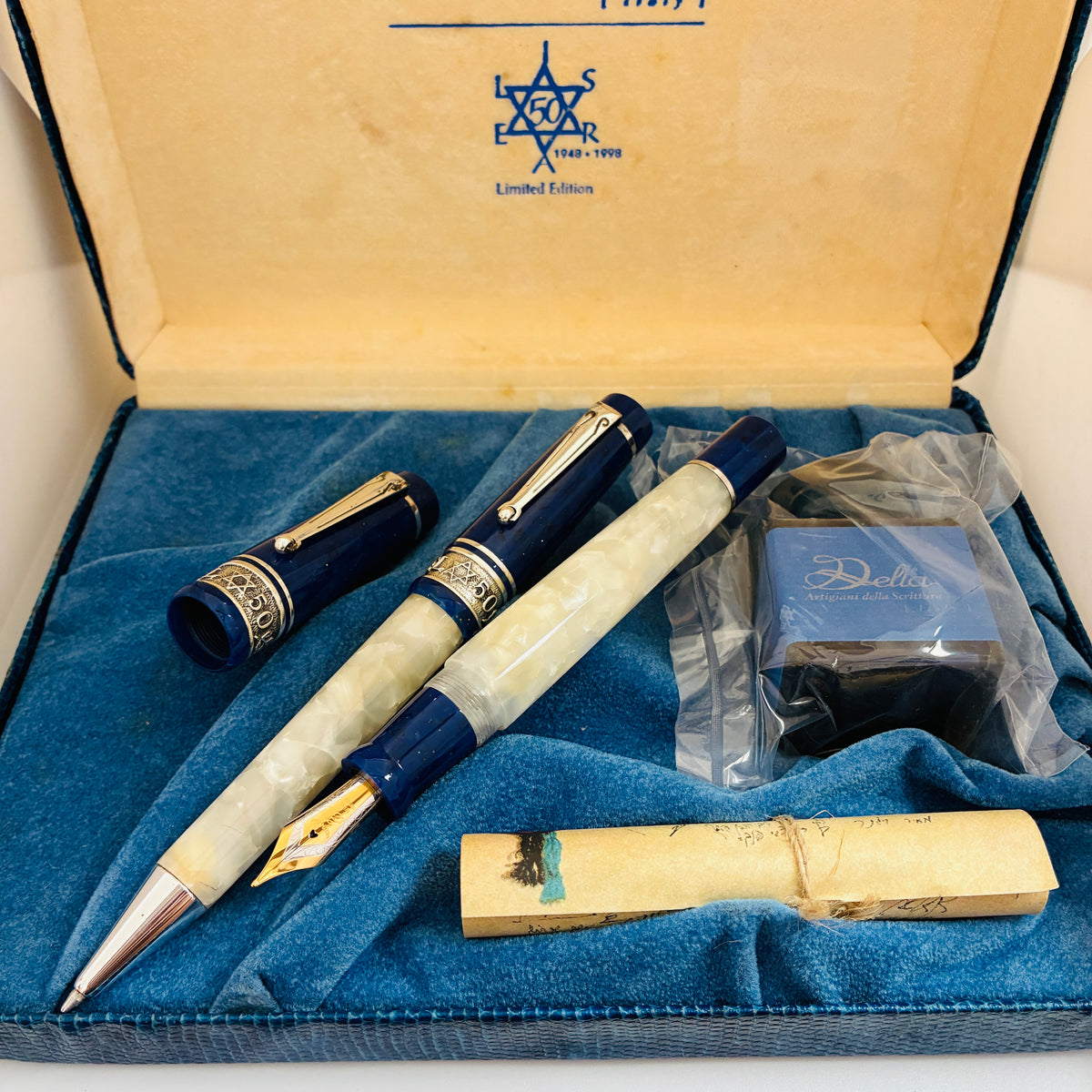 Delta Israel 50 LE Fountain Pen Set - White & Blue Resin, Sterling Trim