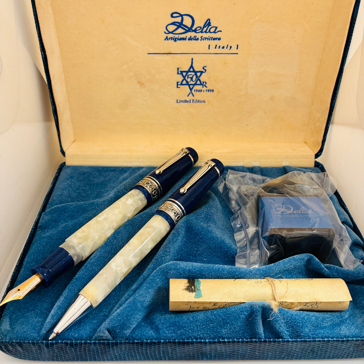 Delta Israel 50 LE Fountain Pen Set - White & Blue Resin, Sterling Trim